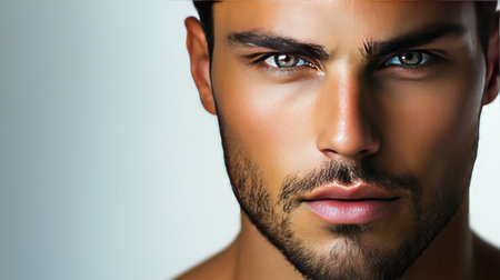 Handsome man's face with a strong jawline, clear skin, and a relaxed, confident expressionの素材