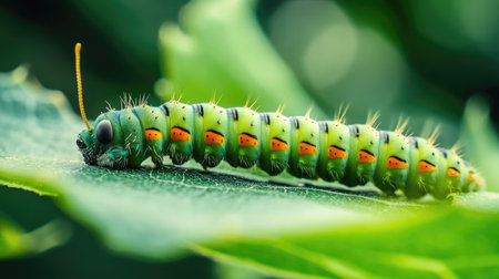 Close-up of a caterpillar on a leaf, representing the stages of life and the importance of protecting all speciesの素材