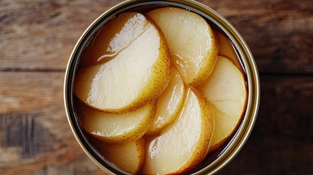 A top view of a can of pears in syrup, sliced and neatly arrangedの素材