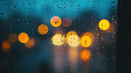A close-up of rain drops on a window, with city lights blurred in the backgroundの素材