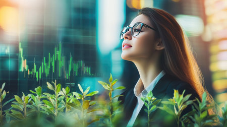 Businesswoman tracking passive income growth through real estate and stocks, achieving financial freedom via asset managementの素材