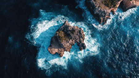 Scenic view of a rocky outcrop surrounded by the deep blue ocean, with waves gently crashing against itの素材