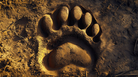 A close-up of a leopard's paw print in the soft earth, with the intricate details of the print highlighted by the sunlightの素材