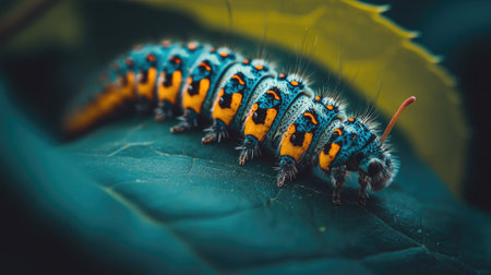 Close-up of a caterpillar on a leaf, representing the stages of life and the importance of protecting all speciesの素材