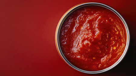 A top view of a can of tomato paste, thick and richly colored, ready for cookingの素材