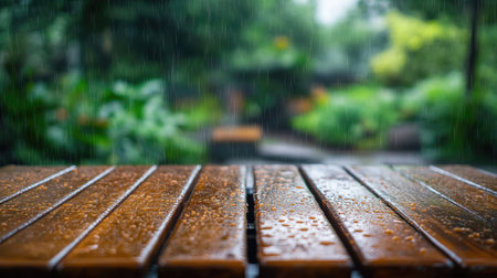 Rain drops on a wooden bench, with a garden blurred in the backgroundの素材