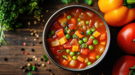 A top view of an open can of vegetable soup, with a variety of ingredients visibleの素材