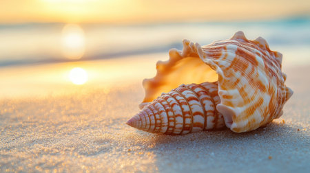 Close-up of a seashell on a sandy beach, symbolizing the beauty of coastal environments and the need for protectionの素材