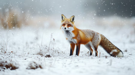 A curious red fox standing in a snowy field, its bushy tail curled around its body as it surveys its surroundingsの素材