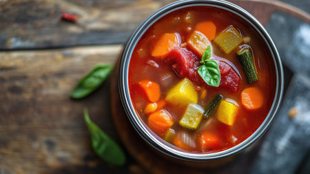 A top view of an open can of vegetable soup, with a variety of ingredients visibleの素材