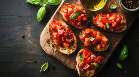 Italian bruschetta with tomatoes, basil, and olive oil on a rustic wooden board, top viewの素材