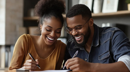 Couple discussing finances, celebrating debt-free status and planning for diverse income streams."の素材
