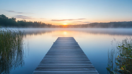 Serene scene of a wooden dock extending into a calm lake with mist rising from the water at sunriseの素材
