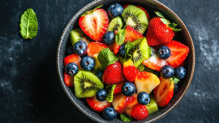 A vibrant fruit salad with strawberries, kiwi, blueberries, and mint leaves in a bowl, top viewの素材