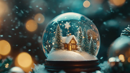 A close-up of a Christmas snow globe, with a tiny winter scene and snowflakes swirling insideの素材