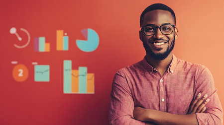 Successful person with budgeting charts, highlighting the impact of financial literacy on achieving financial freedom."の素材