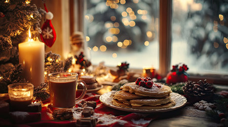 A cozy Christmas morning breakfast scene with pancakes, hot chocolate, and festive decorationsの素材