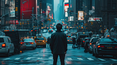A man standing in the middle of a busy street, unmoved, symbolizing calm amidst chaosの素材
