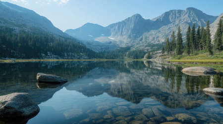 A serene alpine lake with clear, still water reflecting the surrounding mountains and forestsの素材