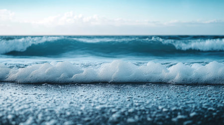 Close-up of waves gently rolling onto the shore, with the deep blue ocean and sky in the backgroundの素材
