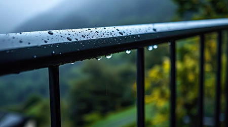Rain drops on a metal railing, with soft focus on the surrounding landscapeの素材