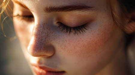 Close-up of a beautiful woman with perfect skin, long eyelashes, and a serene, peaceful expressionの素材