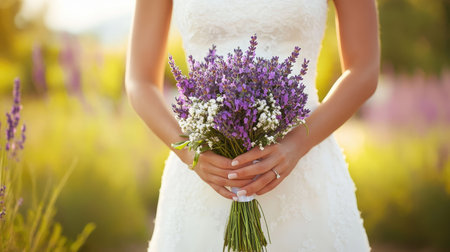 A bride holding a bouquet of lavender flowers, with a scenic outdoor wedding settingの素材