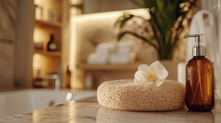 Shampoo being dispensed onto a loofah, with a luxurious bathroom setting in the backgroundの素材