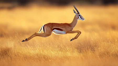 A graceful gazelle leaping across the savannah, its body perfectly poised in mid-air against the golden grassの素材