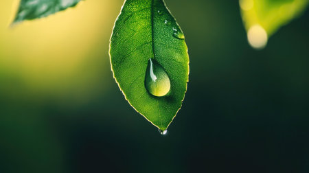 Close-up of a single water drop about to fall from the edge of a green leafの素材