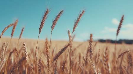 A field of earthy brown wheat swaying gently in the breeze under a clear blue skyの素材