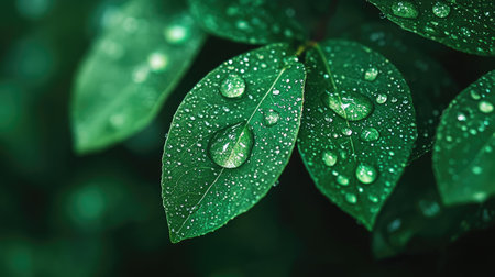 Close-up of raindrops on a green leaf, symbolizing the purity and life-giving force of water in natureの素材