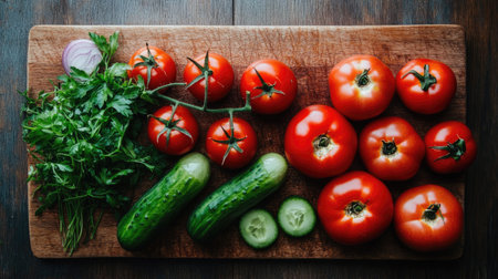 Fresh tomatoes, cucumbers, and onions arranged on a wooden cutting board, top viewの素材
