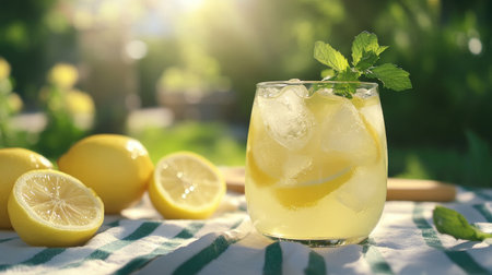 A refreshing glass of lemonade with ice cubes, lemon slices, and a sprig of mint, on a summer outdoor tableの素材