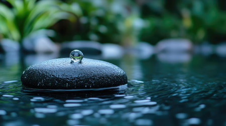Water drops on a smooth stone in a zen garden, creating a calm and serene atmosphereの素材