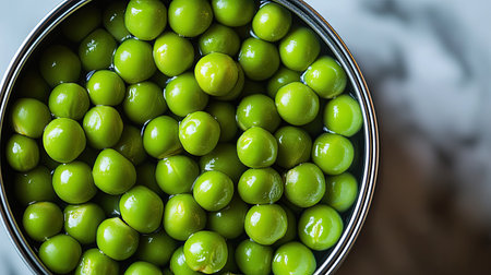 A can of green peas, small and round, filling the tin to the brimの素材