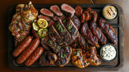 A top view of a mixed grill platter with steak, chicken, sausage, and ribsの素材
