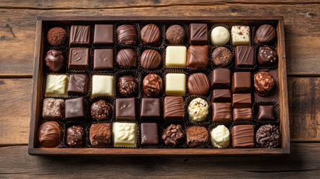 A tray of assorted gourmet chocolates, including dark, milk, and white chocolate, arranged beautifully on a wooden tableの素材