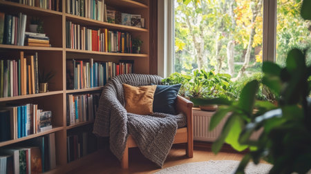 Cozy reading nook in a simple home, with books on passive income and frugality, a path to financial independenceの素材