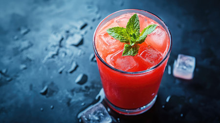 A glass of fresh watermelon juice with ice cubes and mint leaves, served on a hot summer dayの素材