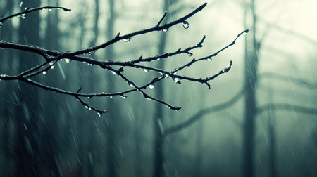 Rain drops clinging to a branch, with a misty forest in the backgroundの素材