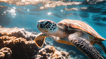 Close-up of a turtle swimming through a coral reef, emphasizing the need to protect marine biodiversityの素材