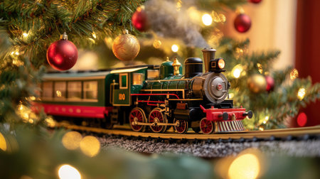 A festive Christmas train set running around the base of a decorated tree, bringing holiday joy to childrenの素材