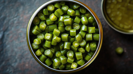 A top view of a can of diced green beans, neatly packed and ready to eatの素材