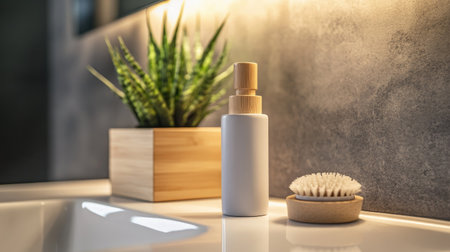 A shampoo bottle with a wooden cap, placed beside a small plant on a modern sinkの素材