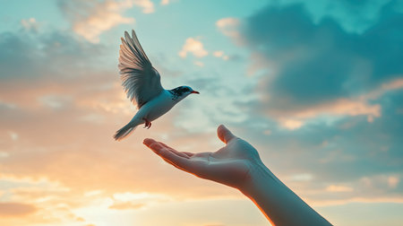 A close-up of a hand releasing a bird into the sky, symbolizing letting go and finding freedomの素材
