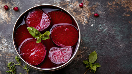 A top view of a can of sliced beets, deep red and arranged in a light brineの素材