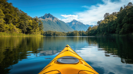 Bright yellow kayak on a calm lake, with a scenic mountain range in the backgroundの素材