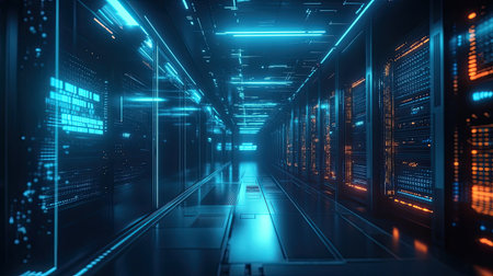 A futuristic digital concept of a data center, symbolizing the backbone of the internetの素材