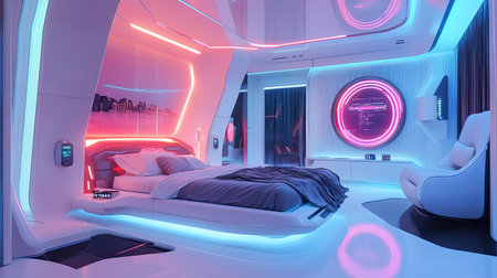 Futuristic bedroom with sleek furniture, advanced technology, and neon lighting, modern and innovative designの素材
